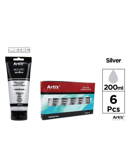 Pack de 3 tubos de pintura acrílica metalizada Artix 200 ml, Plata metalizada