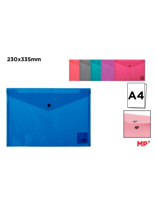 Pack de 12 carpetas sobre con botón A4 transparentes