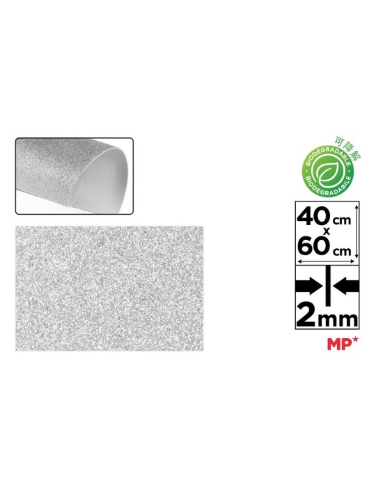 Pack de 6 láminas de goma EVA con purpurina 40 × 60 cm, Plata
