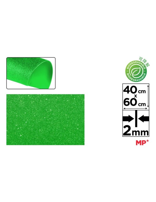 Pack de 6 láminas de goma EVA con purpurina 40 × 60 cm, Verde