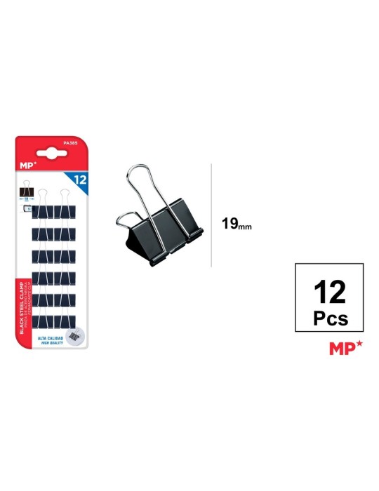 Pack de 6 blísteres de 12 pinzas de acero negras 19 mm