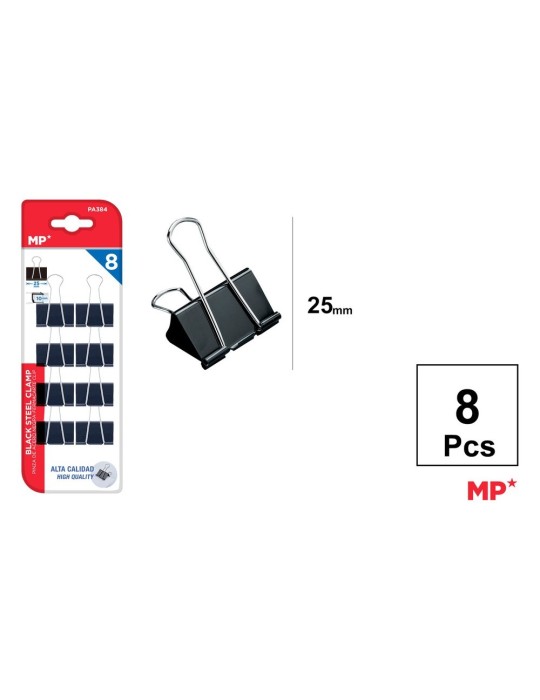 Pack de 6 blísteres de 8 pinzas de acero negras 25 mm