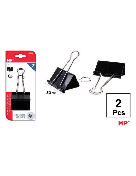 Pack de 6 blísteres de 2 pinzas de acero negras 50 mm