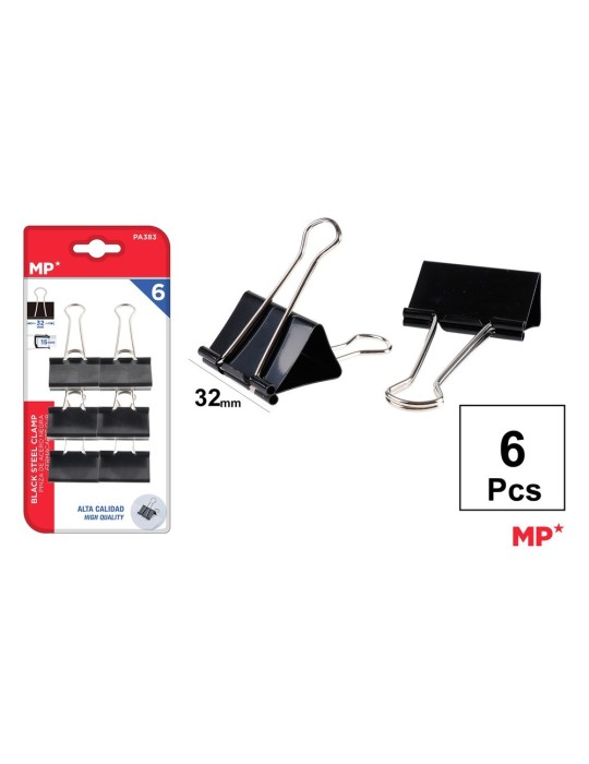 Pack de 6 blísteres de 6 pinzas de acero negras 32 mm