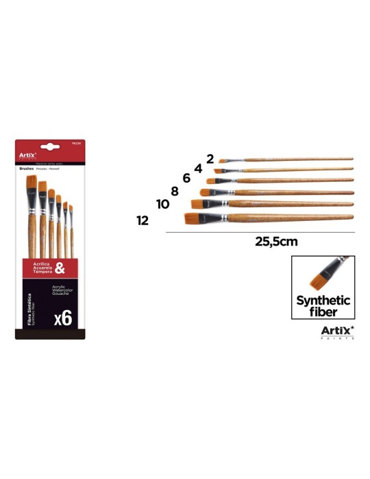 Pinceles planos sintéticos, mango natural, blíster de 6 - Artix