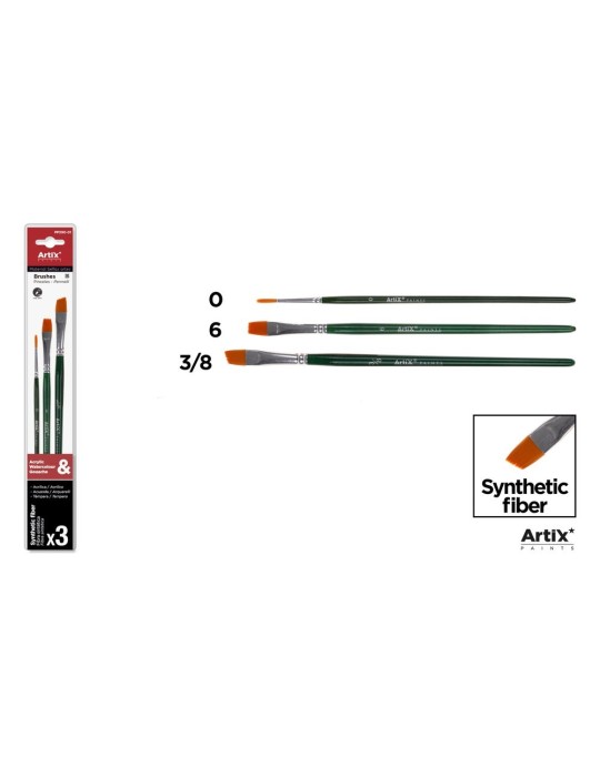 Pinceles sintéticos de mango verde oscuro, blíster de 3 - Artix, Planos Nº 0 y 6 + biselado Nº 3/8