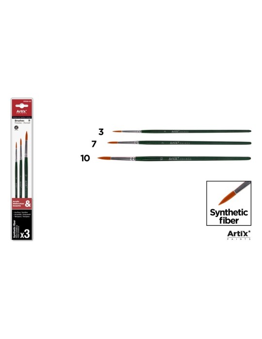 Pinceles sintéticos de mango verde oscuro, blíster de 3 - Artix, Redondos Nº 3, 7 y 10