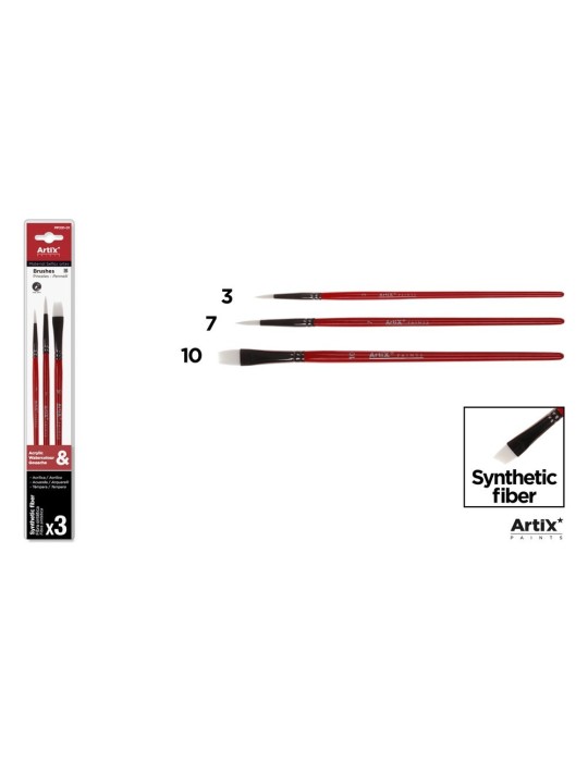 Pinceles de pelo sintético blanco, mango rojo, blíster de 3 - Artix, Redondos Nº 3 y 7 + plano Nº 10