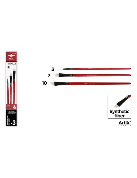 Pinceles de pelo sintético blanco, mango rojo, blíster de 3 - Artix, Redondo Nº 3 + plano Nº 7 + biselado Nº 10