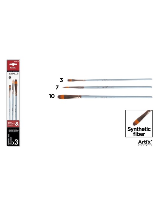Pinceles sintéticos de mango celeste, blíster de 3 - Artix, Plano Nº 3 + redondo Nº 7 + lengua de gato Nº 10