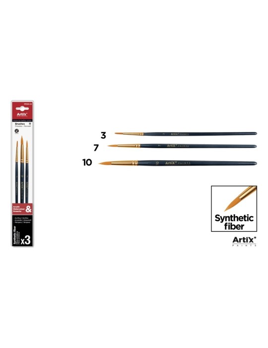 Pinceles sintéticos de mango azul marino, blíster de 3 - Artix, Redondos Nº 3, 7 y 10