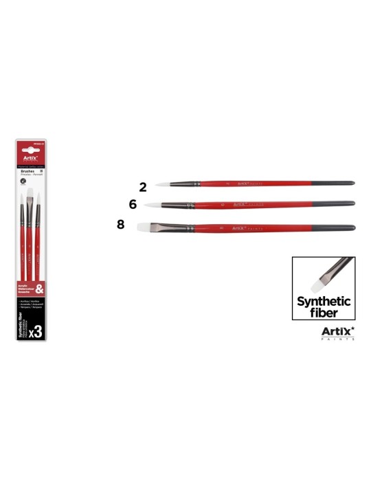 Pinceles de pelo sintético blanco, mango rojo y azul, blíster de 3 - Artix, Redondos Nº 2 y 6 + plano Nº 8