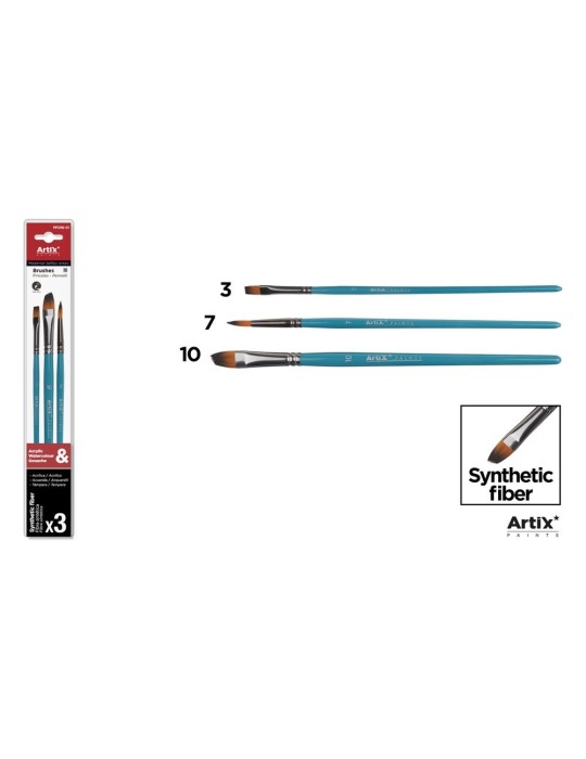 Pinceles sintéticos de mango turquesa, blíster de 3 - Artix, Planos Nº 3 y 10 + redondo Nº 7