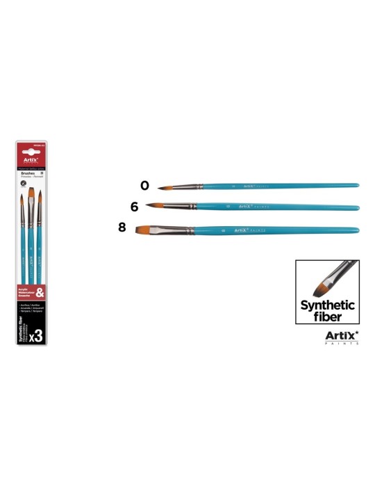 Pinceles sintéticos de mango turquesa, blíster de 3 - Artix, Redondo Nº 0 + plano Nº 6 + biselado Nº 8
