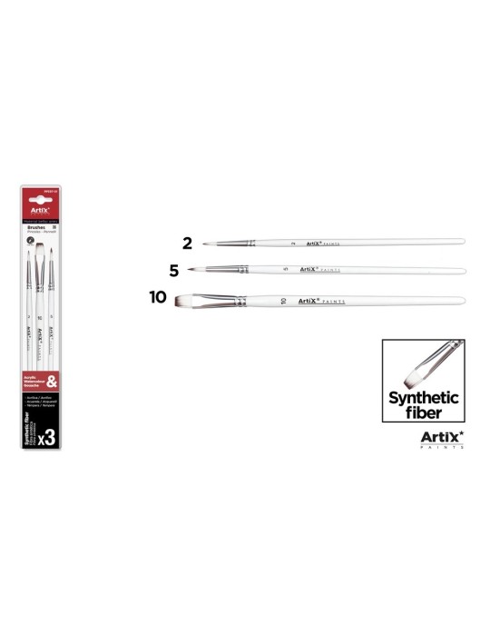 Pinceles de pelo sintético blanco, mango blanco, blíster de 3 - Artix, Redondos Nº 2 y 5 + plano Nº 10