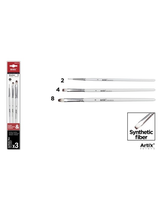 Pinceles de pelo sintético blanco, mango blanco, blíster de 3 - Artix, Lengua de gato Nº 4 y 8 + redondo Nº 2