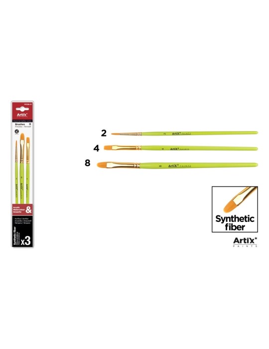 Pinceles sintéticos de mango verde claro, blíster de 3 - Artix, Lengua de gato Nº 4 y 8 + redondo Nº 2