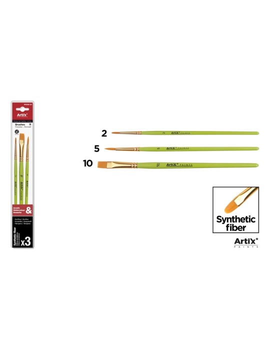 Pinceles sintéticos de mango verde claro, blíster de 3 - Artix, Redondos Nº 2 y 5 + plano Nº 10