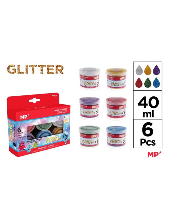 Témpera con purpurina 40 ml, estuche de 6 colores - Artix
