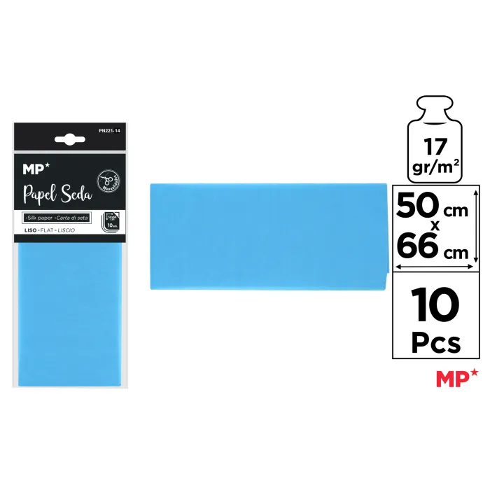Papel seda de 50 × 66 cm, paquete de 10 hojas, 13 azul turq