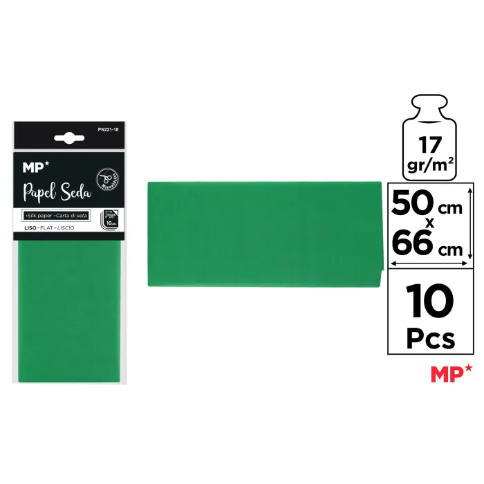 Papel seda de 50 × 66 cm, paquete de 10 hojas, 18 verde