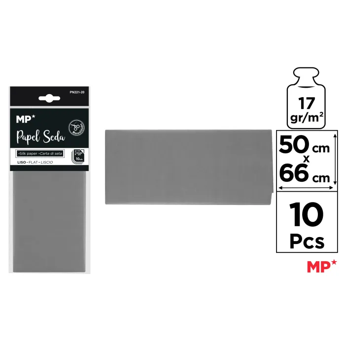 Papel seda de 50 × 66 cm, paquete de 10 hojas, 20 gris