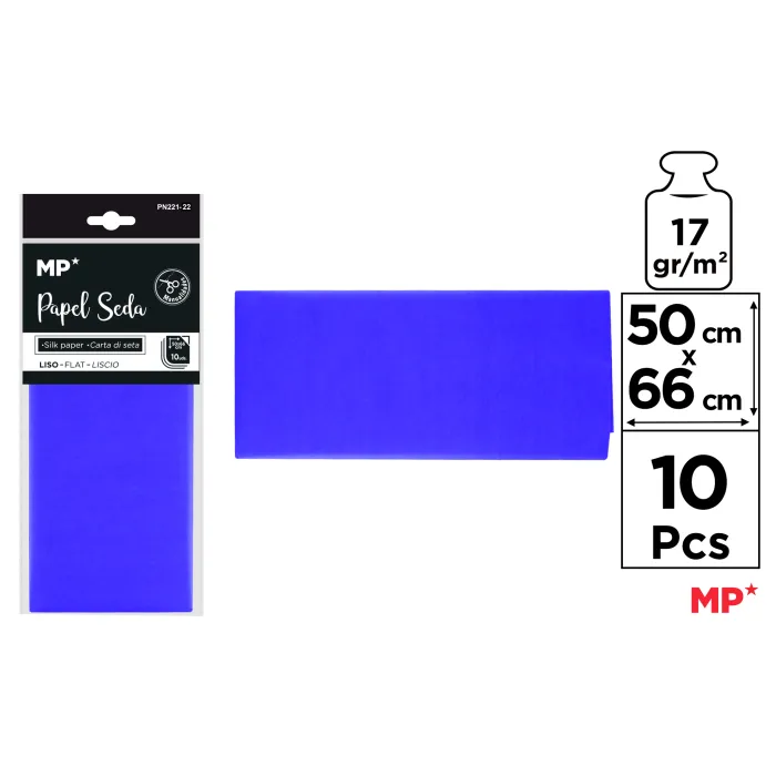 Papel seda de 50 × 66 cm, paquete de 10 hojas, 22 azul anil