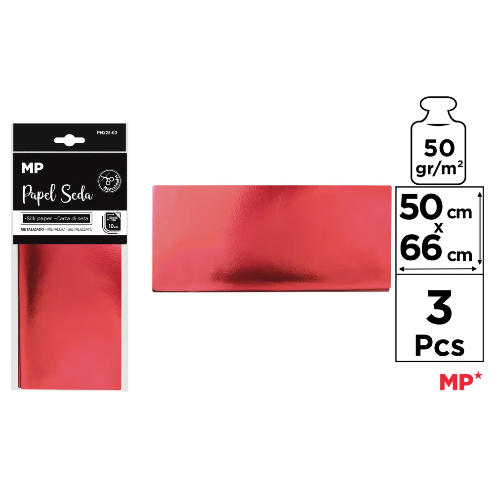 Papel Seda Rojo Metalizado 50x66 3 Uds MP Creatividad con brillo y color