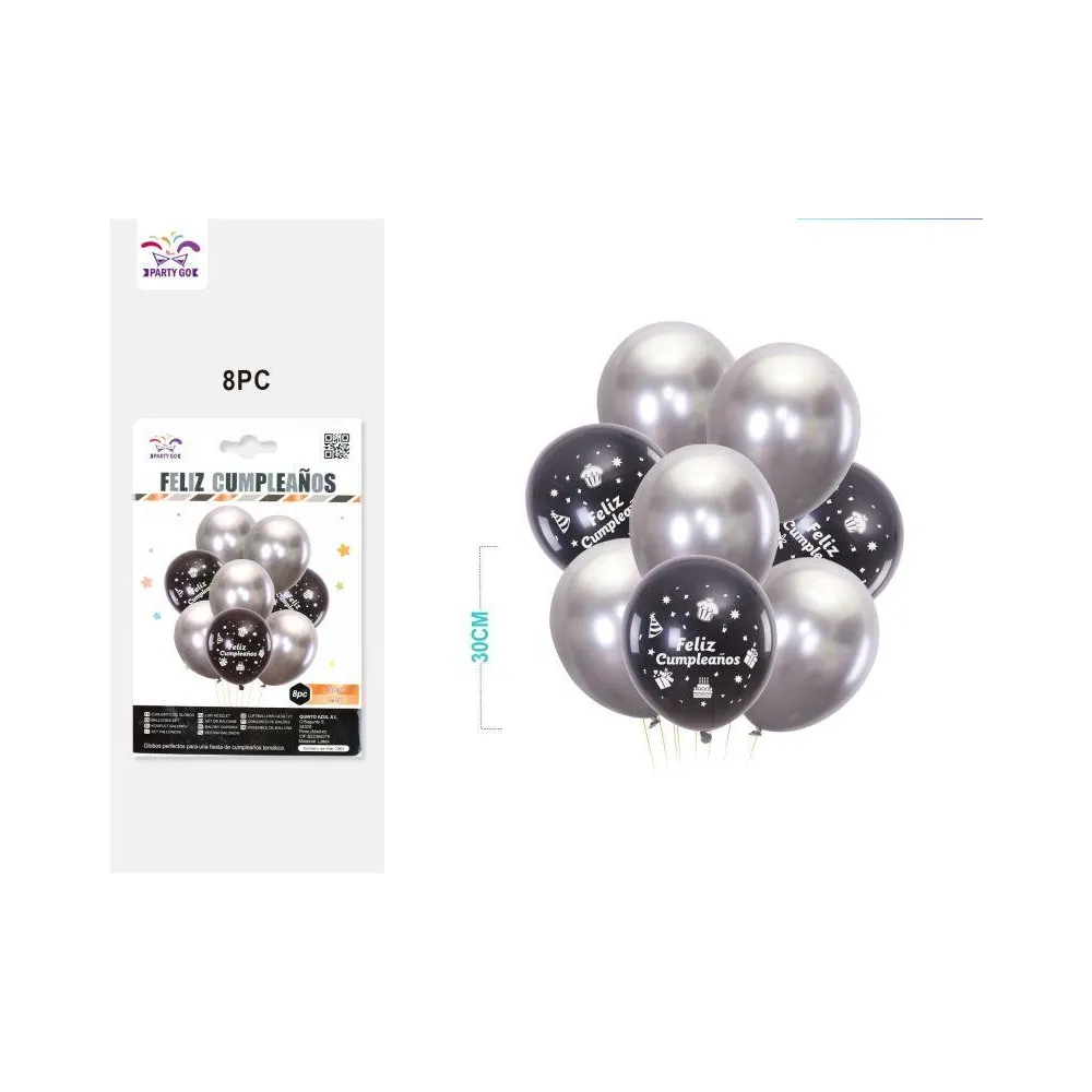 Globos Látex Opacos "Feliz Cumpleaños" de 8 Piezas 30cm - PartyGO