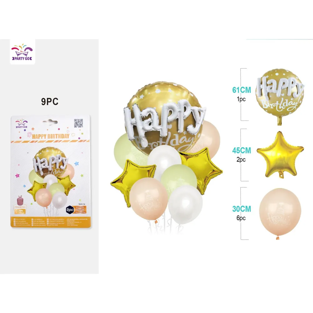 Set de Globo "Happy Birthday" en Oro Tridimensional - PartyGO