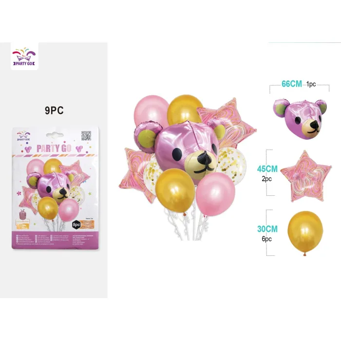 Set de Globos de 9 Piezas de Osito Rosa - PartyGO