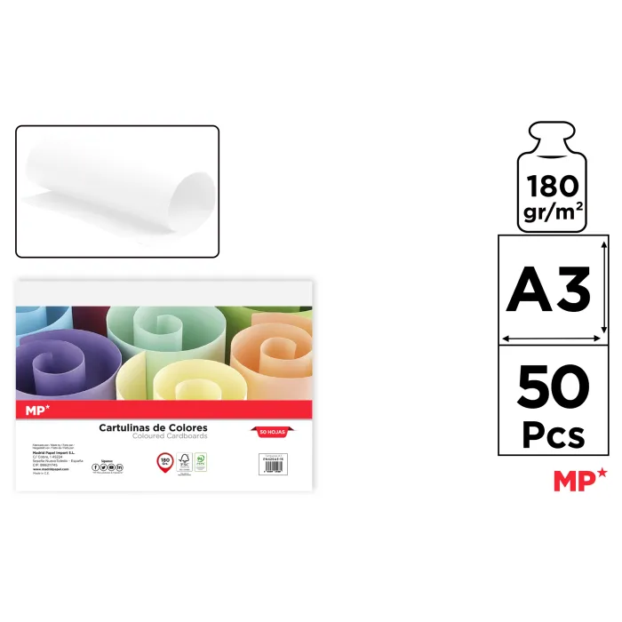 Cartulina A3 Paquete 50 hojas 180 g/m², 1 blanco