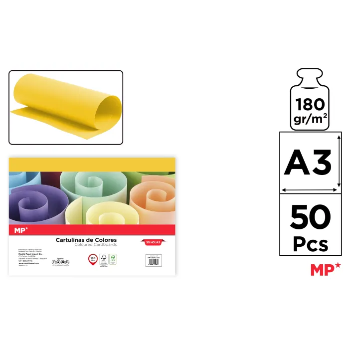 Cartulina A3 Paquete 50 hojas 180 g/m², 3 limón