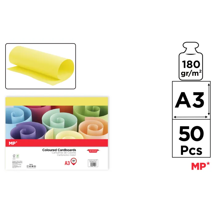 Cartulina A3 Paquete 50 hojas 180 g/m², 4 amrillo claro