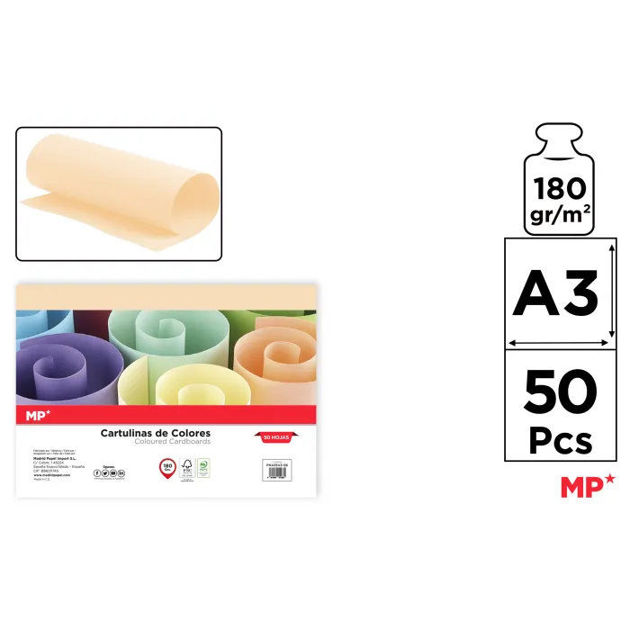 Cartulina A3 Paquete 50 hojas 180 g/m², 6 crema