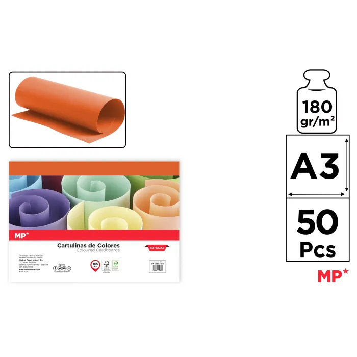 Cartulina A3 Paquete 50 hojas 180 g/m², 8 naranja