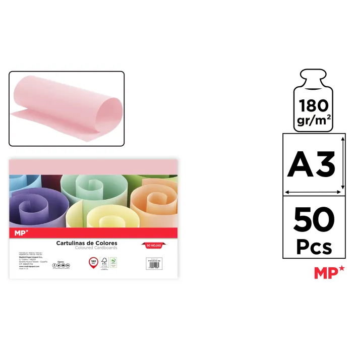 Cartulina A3 Paquete 50 hojas 180 g/m², 9 rosa