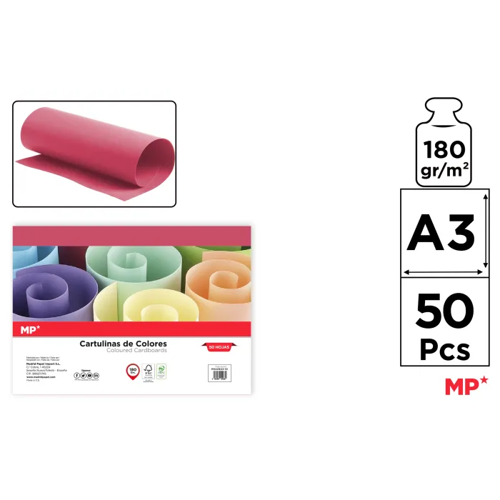 Cartulina A3 Paquete 50 hojas 180 g/m², 10 fucsia
