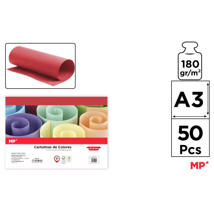 Cartulina A3 Paquete 50 hojas 180 g/m², 11 rojo