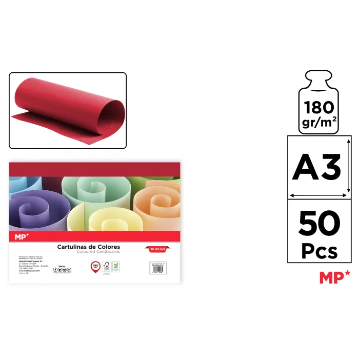 Cartulina A3 Paquete 50 hojas 180 g/m², 12 rojo navidad