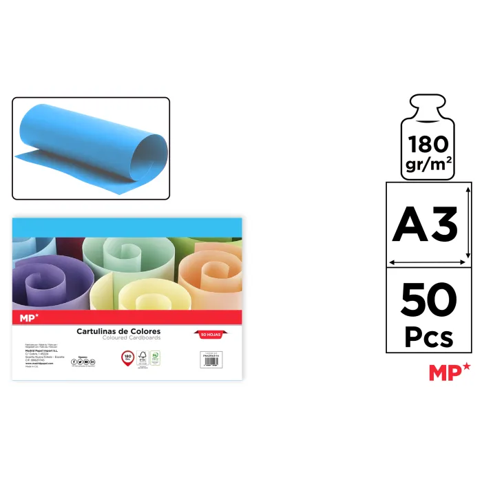 Cartulina A3 Paquete 50 hojas 180 g/m², 14 celeste