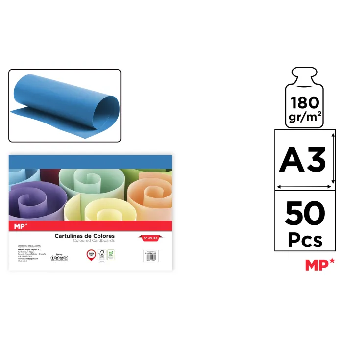 Cartulina A3 Paquete 50 hojas 180 g/m², 15 azul