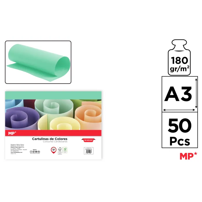 Cartulina A3 Paquete 50 hojas 180 g/m², 16 verde