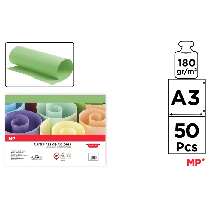 Cartulina A3 Paquete 50 hojas 180 g/m², 17 pistacho