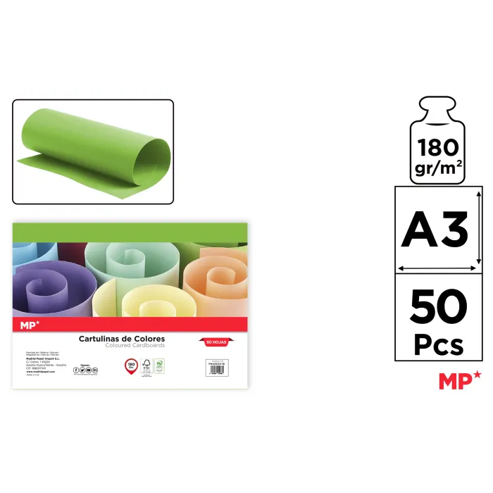 Cartulina A3 Paquete 50 hojas 180 g/m², 18 hierba