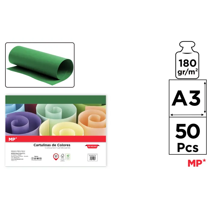 Cartulina A3 Paquete 50 hojas 180 g/m², 19 verde navidad