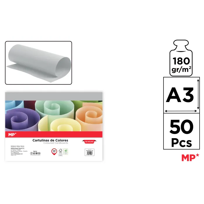 Cartulina A3 Paquete 50 hojas 180 g/m², 20 gris