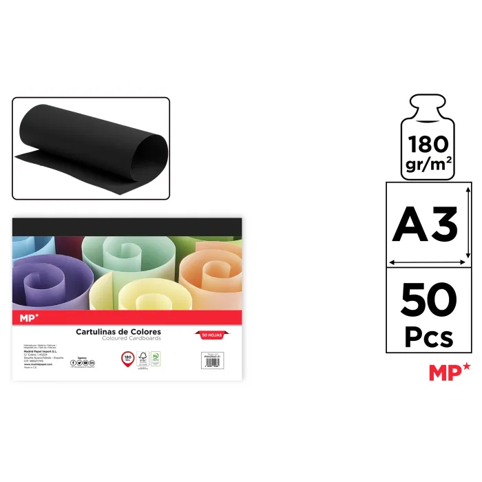 Cartulina A3 Paquete 50 hojas 180 g/m², 21 negro
