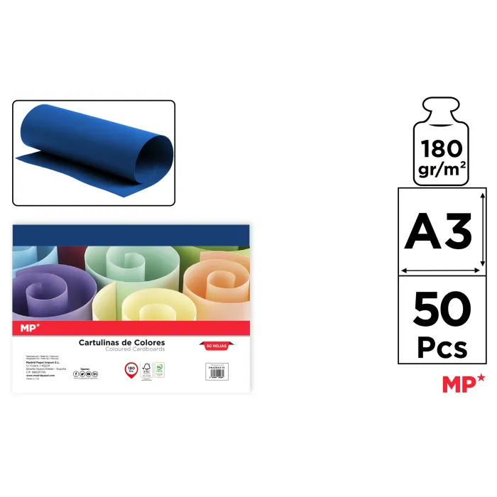 Cartulina A3 Paquete 50 hojas 180 g/m², 23 azul oscuro