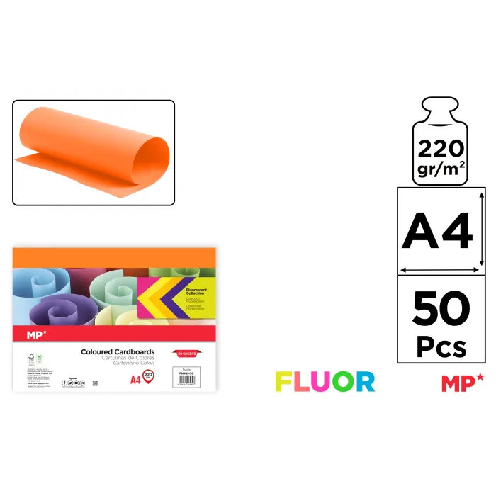Cartulina Fluorescente 50 hojas 220 g/m² A4, 84 naranja